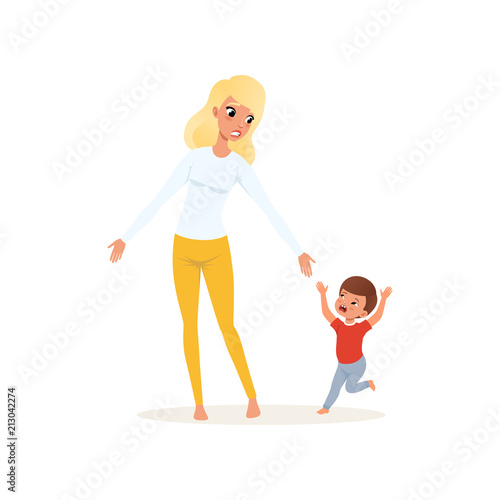Tired mother and her screaming little son, parenting stress concept, relationship between children and parents vector Illustration on a white background