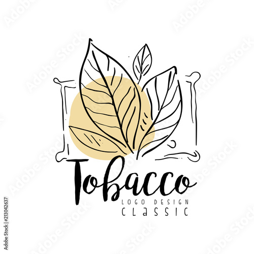 Tobacco classic logo design, hand drawn badge for smoke shop, gentlemens club and tobacco products vector Illustration on a white background