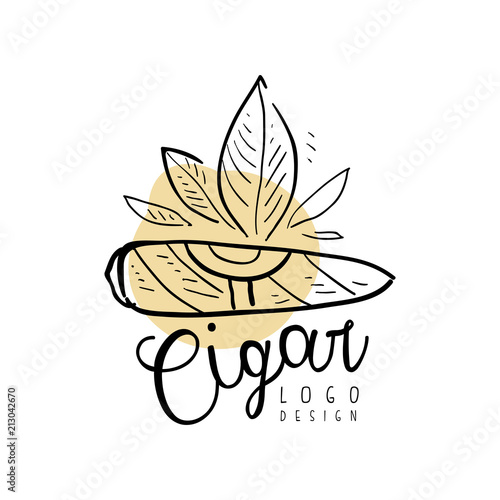 Cigar logo, design, emblem element for smoke shop, gentlemens club and tobacco products hand drawn vector Illustration on a white background