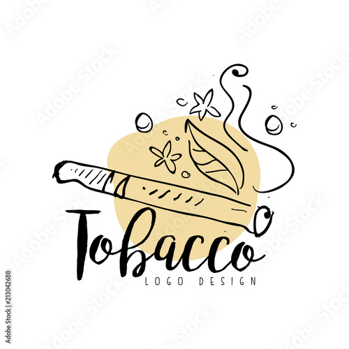 Tobacco logo design, emblem for smoke shop, gentlemens club and tobacco products hand drawn vector Illustration on a white background