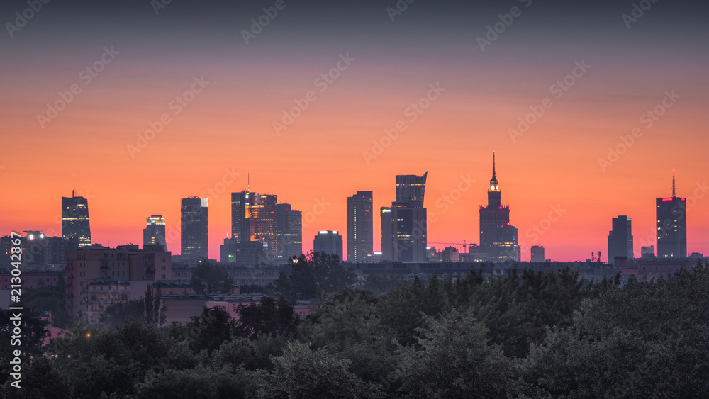 Panorama of skyscrapers in the center of Warsaw at dawn, Poland