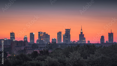 Panorama of skyscrapers in the center of Warsaw at dawn, Poland © Artur Bociarski