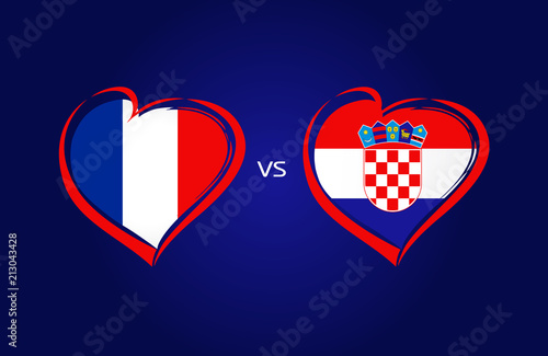 France vs Croatia flags, national team soccer on navy blue background. French and Croatian national flag in a heart, button vector. Football championship final of the competition 2018