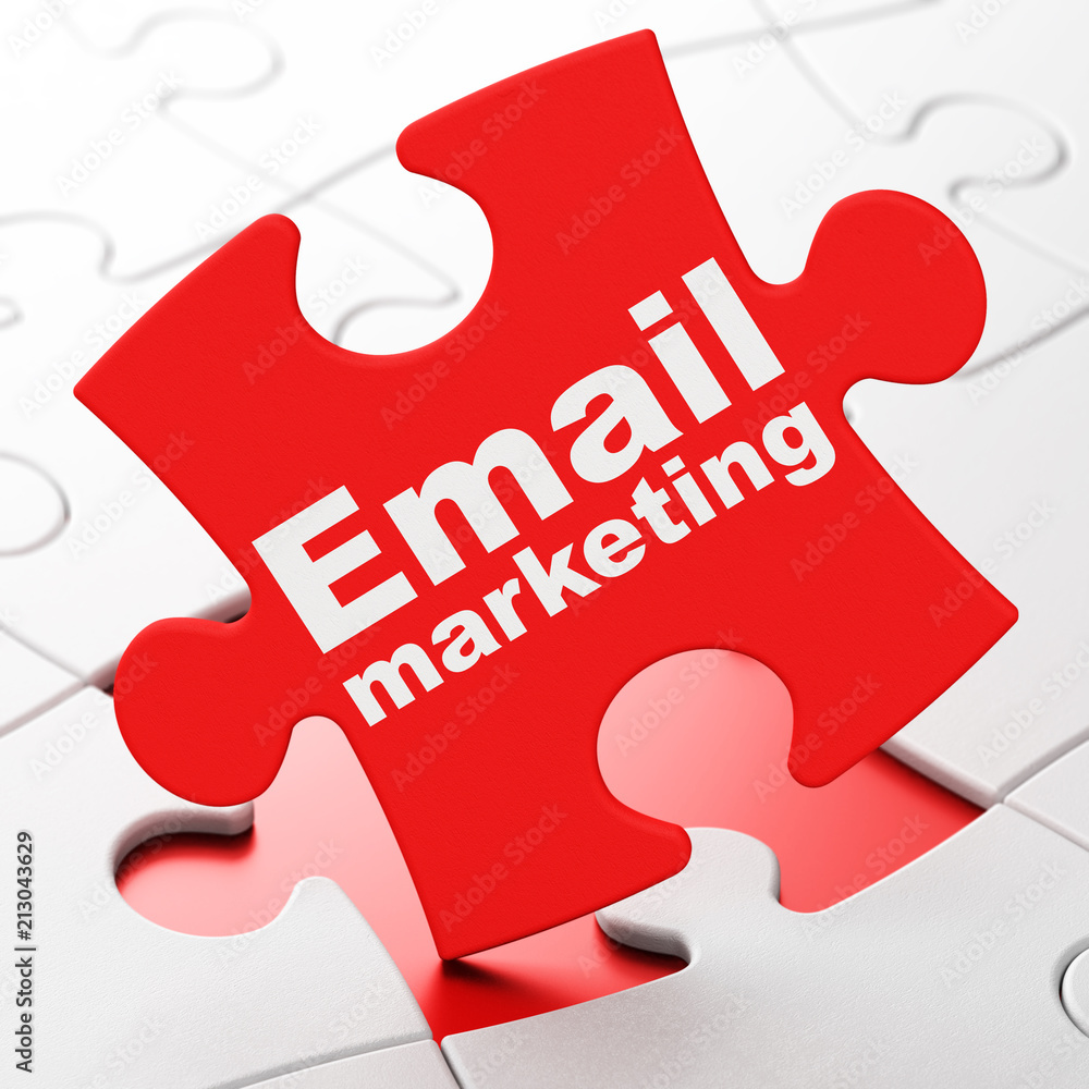 Finance concept: Email Marketing on Red puzzle pieces background, 3D rendering Finance concept: Email Marketing on Red puzzle pieces background, 3D rendering