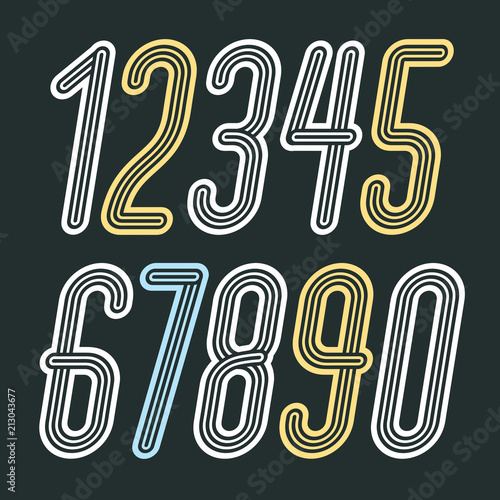 Set of stylish disco vector digits, modern numerals collection. Funky italic thin, narrow numerals from 0 to 9 best for use in poster art. Made with triple stripy decoration.