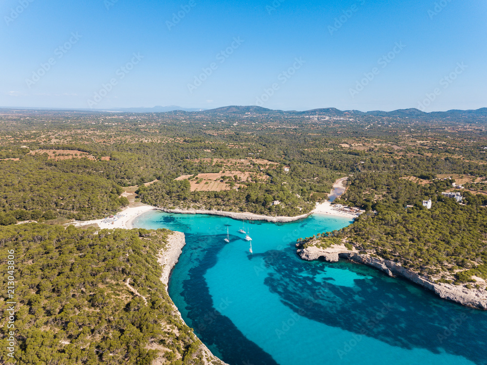 Aerial: The beach of Cala Mondrago in Mallorca, Spain