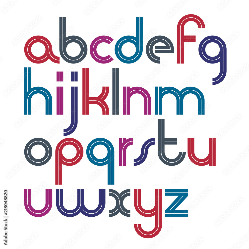 Set of vector rounded lower case English alphabet letters with white stripes, best for use in corporate logotype design. Set of vector rounded lower case English alphabet letters with white stripes, best for use in corporate logotype design.