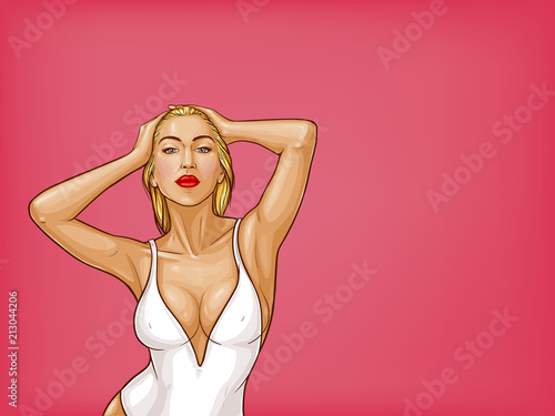 Vector pop art blonde woman with wet hair, blue eyes in white one-piece swimming suit isolated on pink background. Sexy character in underwear for ad poster, promo banner, design illustration.