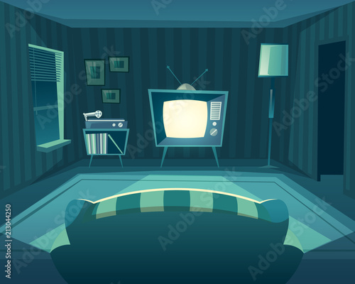 Vector cartoon living room at night. Front view from sofa to TV set, vinyl player. Domestic interior at evening, background. Window, furniture and carpet at flat.