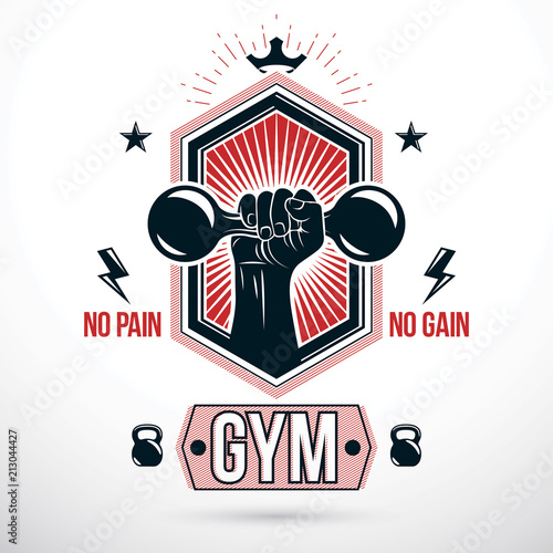 Graphic vector sign created with strong athlete biceps arm, dumb-bell and kettle bell sport equipment. Bodybuilding weightlifting gym emblem, sport club