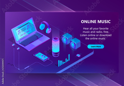 Online music vector isometric concept background in neon colors. Audio loudspeakers, headphones, smartphone and other modern gadgets to listen musical tunes. Web banner for internet page with button