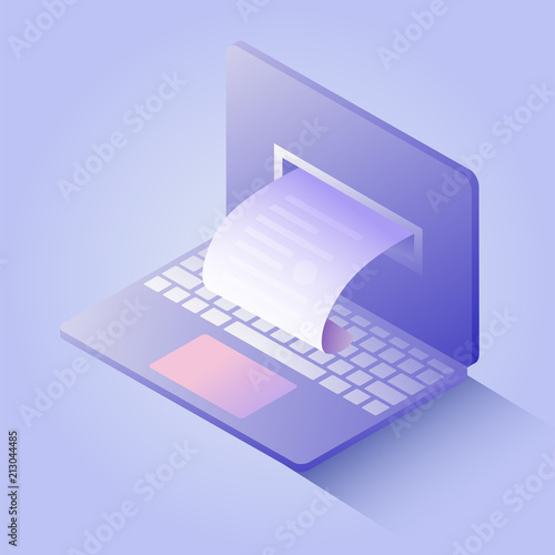 Sales printed receipt from the notebook screen. Electronic bill payment, internet payment. Isometric vector illustration suitable for info graphics, websites.