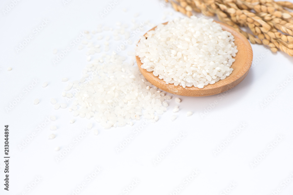 white rice in wooden bowl and unmilled rice isolated on white background white rice in wooden bowl and unmilled rice isolated on white background