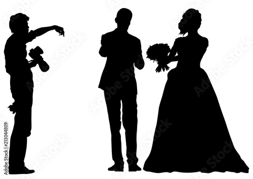 Couple at wedding and photographer on white background