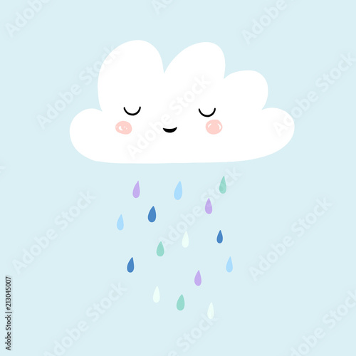Cute smiling rain cloud with rain drops in shades of blue. Nursery art for boys. Card design for baby shower.