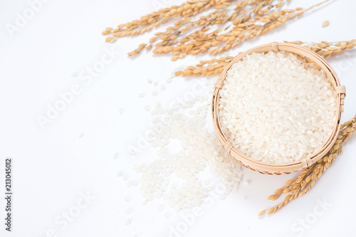 white rice in wooden bowl and unmilled rice isolated on white background