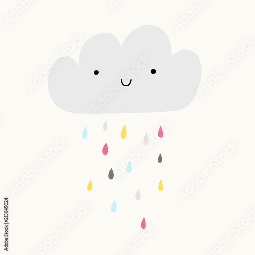 Smiling cute cloud with colorful raindrops. Illustration for baby shower card or nursery art. 