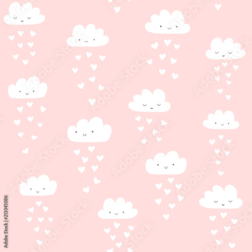 Vector pattern with cute smiling clouds with heart rain. Valentine's day seamless background.  © mgdrachal