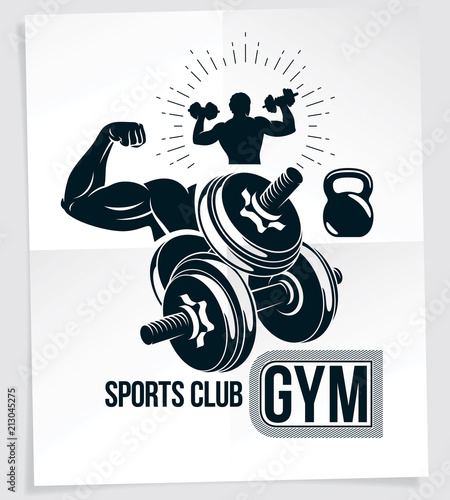 Gym advertising poster. Vector composition created using athletic sportsman biceps arm with disc weight dumbbell and kettle bell sport equipment.