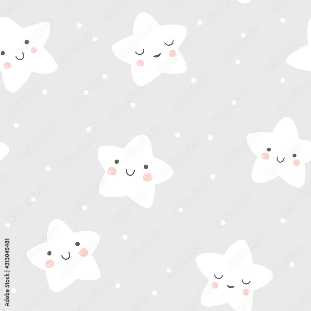 Baby seamless pattern with cute smiling and sleeping stars in scandinavian style. Vector night sky background illustration. 