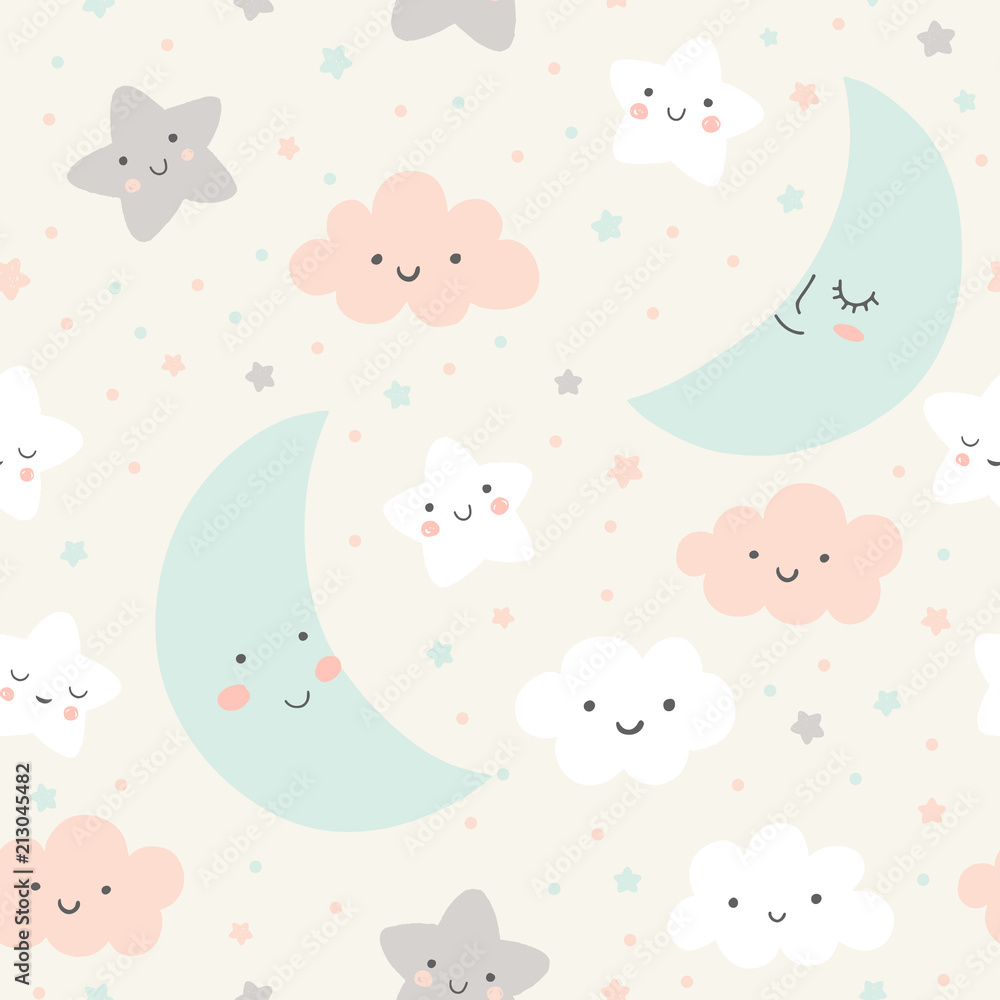 Cute sky pattern. Seamless vector design with smiling, sleeping moon, stars and clouds. Baby illustration. Cute sky pattern. Seamless vector design with smiling, sleeping moon, stars and clouds. Baby illustration.