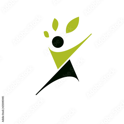 Vector illustration of excited abstract person with raised hands up. Go green idea creative logo. Healthy lifestyle metaphor. Vegetarian theme icon.