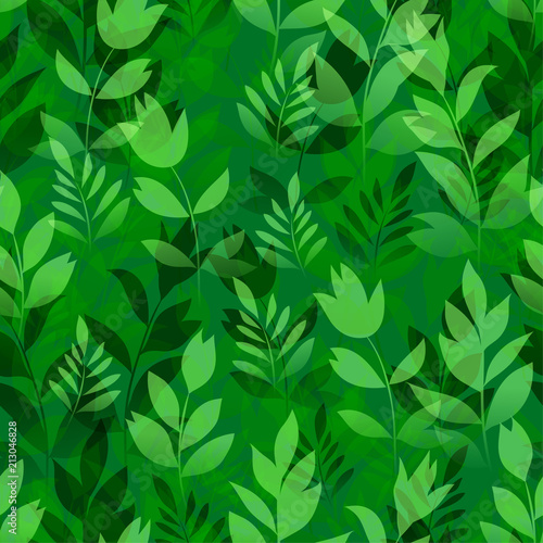 Seamless Pattern, Landscape, Summer or Spring Meadow, Green Grass, Leaves and Flowers Silhouettes, Tile Natural Floral Background. Vector