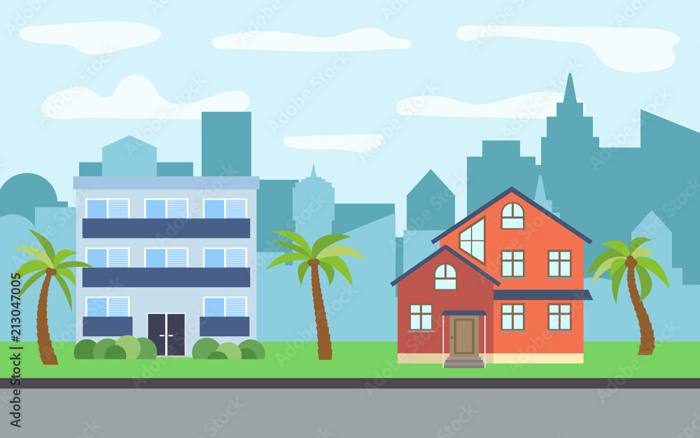 Vector city with two three-story cartoon houses and palm trees in the sunny day. Summer urban landscape. Street view with cityscape on a background
