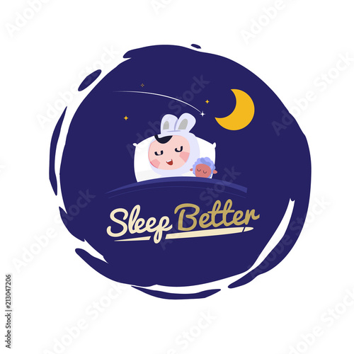cute rabbit kid sleep at pillow. Better sleep concept. good night - vector