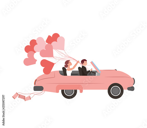just married couple in car and balloon helium with shape heart