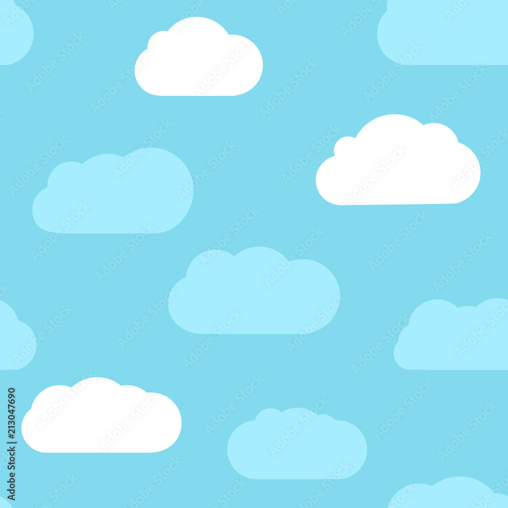 Seamless background with blue sky and white cartoon clouds. Vector illustration.
