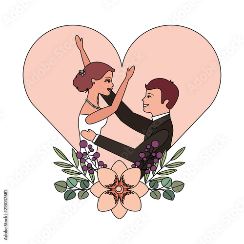 married couple with floral decoration in heart