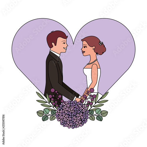married couple with floral decoration in heart