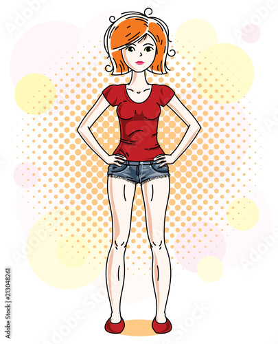 Beautiful red-haired woman adult standing on colorful background with bubbles and wearing casual clothes. Vector attractive female illustration. Lifestyle theme cartoon.