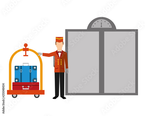 hotel bellboy and luggage trolley suitcase elevator doors