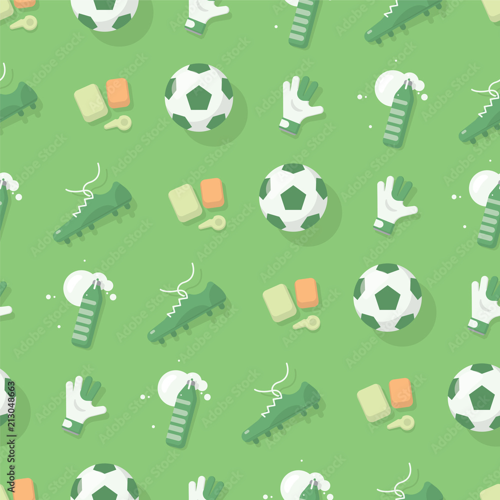 Football / Soccer Background With Sport Equipment. Green Seamless Pattern. Football / Soccer Background With Sport Equipment. Green Seamless Pattern.