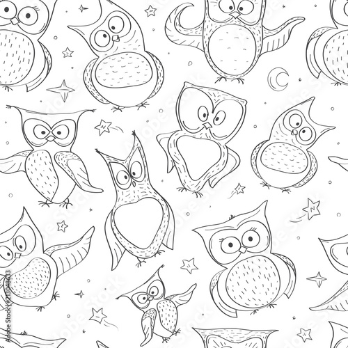 Seamless Pattern With Different Funny Owls. Creative Hand Drawn Texture With Cute Owls.