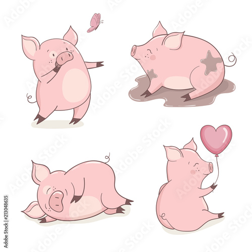 Set of cute cartoon pigs isolated on white. Vector illustration.