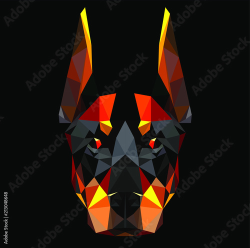 Low poly triangular angry dog doberman fiery face on black background, symmetrical vector illustration EPS 10 isolated.  Polygonal style trendy modern logo design. Suitable for printing on a t-shirt.