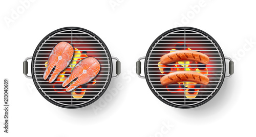 Vector realistic 3d illustration of round barbecue grill with grilled sausage and roasted red salmon steak, isolated on white background. BBQ top view icon.