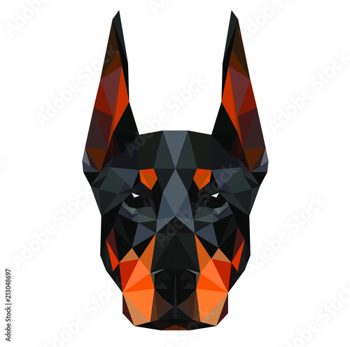 Low poly triangular dog doberman face on dark background, symmetrical vector illustration EPS 10 isolated.  Polygonal style trendy modern logo design. Suitable for printing on a t-shirt.