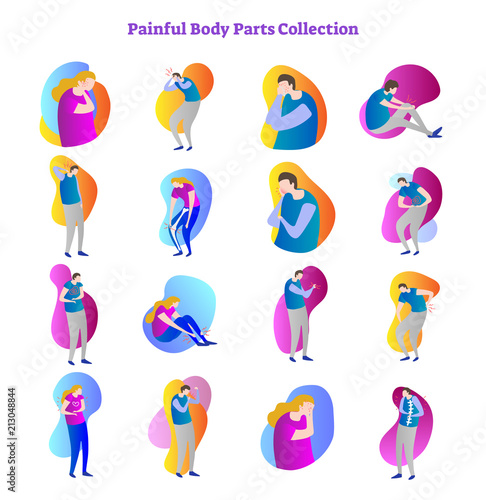 Painful body parts medical problem vector illustration collection with bones,joints and inner organs ache. Male and female patient postures with medical illness symptoms.