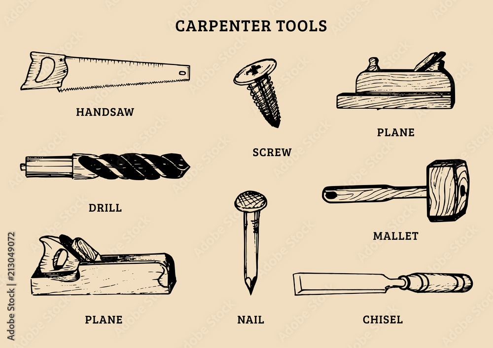 Vector drawing of carpentry tools.Illustration of wood works equipment  elements. Stock Vector