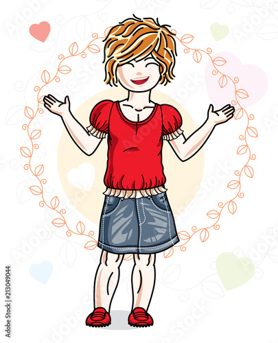 Beautiful little red-haired girl posing on colorful backdrop with romantic hearts. Vector kid illustration.