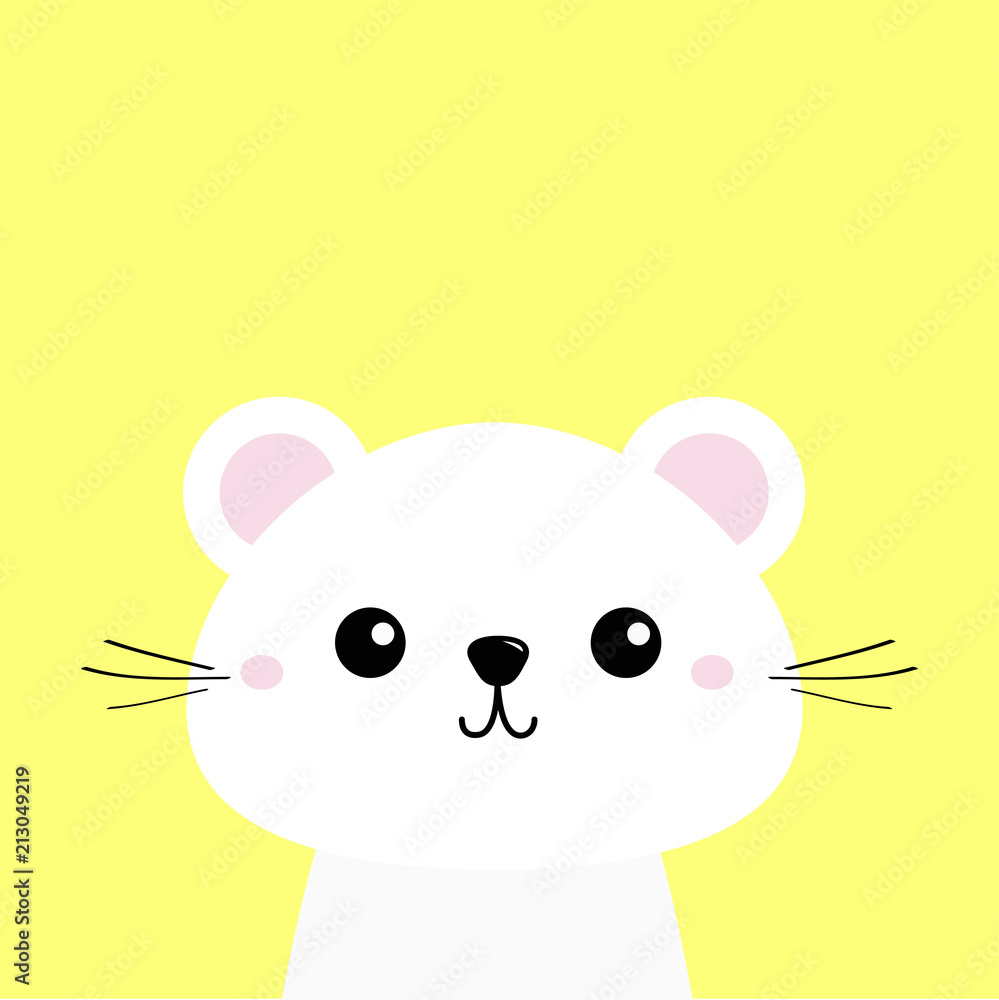 White animal. Cute kawaii cartoon character. Funny head baby face. Greeting card template. Yellow background. Flat design. White animal. Cute kawaii cartoon character. Funny head baby face. Greeting card template. Yellow background. Flat design.