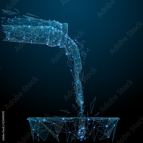 Pouring from beer bottle into a glass composed of polygon. Low poly vector illustration of a starry sky or Comos. The digital flyer consists of lines, dots and shapes. Alcohol concept.