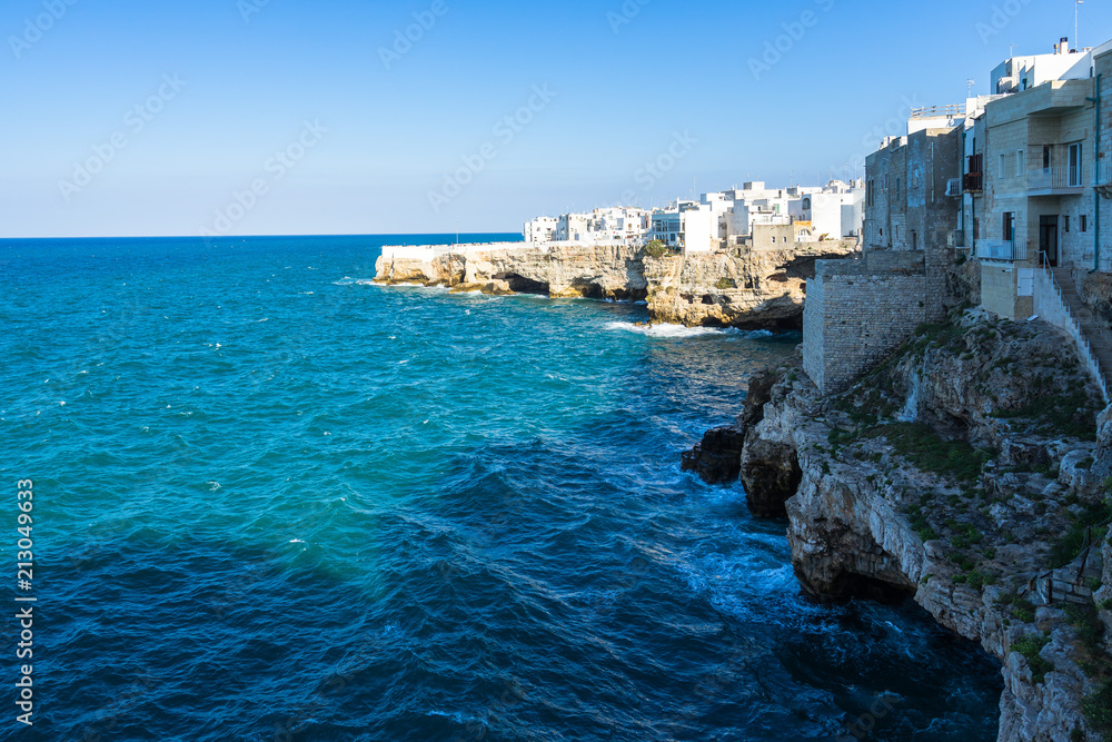 Buildings of the old town of Polignano a Mare overlooking the Adriatic Sea, Apulia, Italy