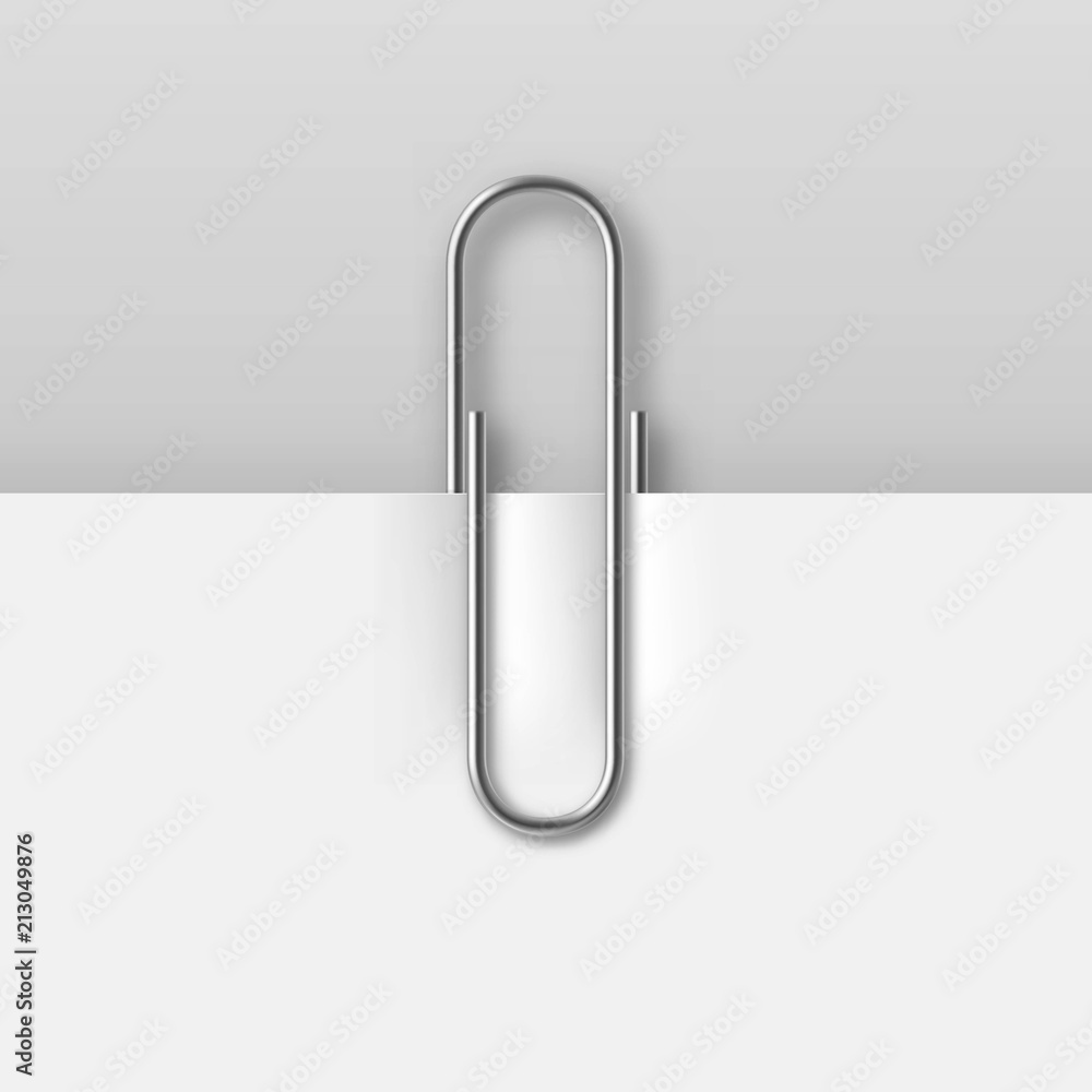 Realistic metal paper clip on white paper sheet. Office stationery vector  illustration isolated on gray background. Simple device for binding  documents together. Mockup paper clip attachment Stock Vector | Adobe Stock