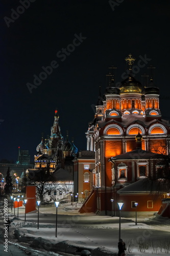 The Znamensky Cathedral of the Znamensky Monastery at night, Moscow, Zaryadye, winter, St. Basil`s Cathedral in the background, night scene, Orthodox photo