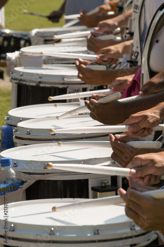 Percussionists during marching band rehearsal on football field, Stillwater, Oklahoma photo